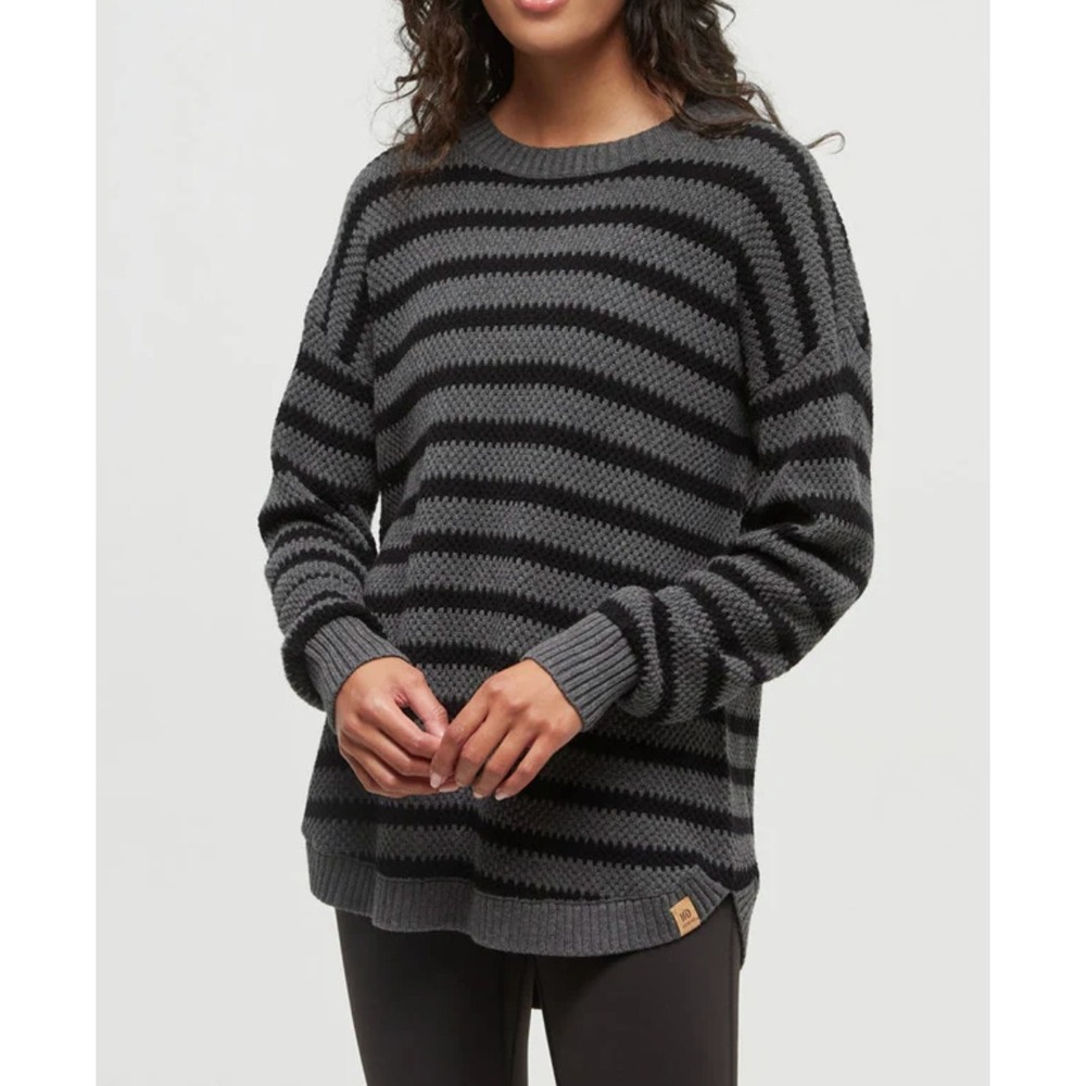 tentree Women's Gray and Black Striped Crewneck Sweater